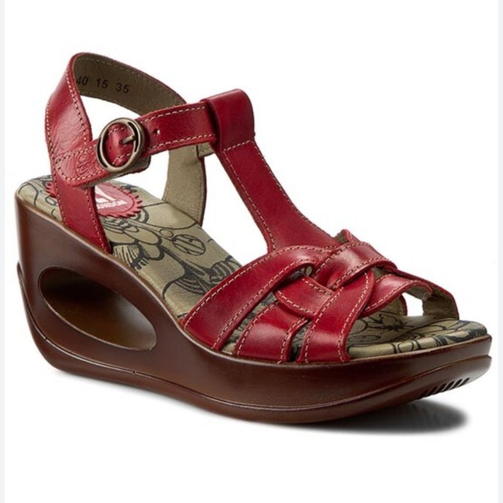 FLY LONDON Strappy Red Leather Wedge Sandals